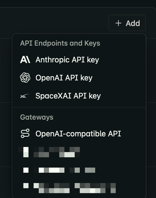 The image shows an "Add" dropdown menu with options for API Endpoints and Keys (Anthropic, OpenAI, and SpaceXAI) and Gateways, including an OpenAI-compatible API option and several blurred gateway entries. The post suggests excitement about Amp's ability to support multiple AI service subscriptions (like Opencode and Gemini) within its "orbs" feature, indicating the menu reflects the diverse API keys and gateways users can connect.