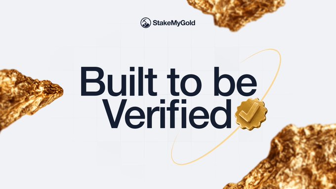 A promotional banner for 'StakeMyGold' featuring the slogan 'Built to be Verified' alongside gold nuggets and a verified badge icon on a white background.