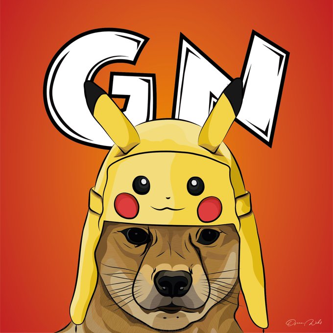 A dog wearing a Pikachu hat is featured against an orange background with bold "GN" lettering, playing on the "good night" sentiment of the post to wish a creative goodnight while encouraging viewers to share their social handles in the comments.