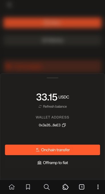 A mobile wallet interface displays a balance of 33.15 USDC with a wallet address starting '0x3a35...8eE3', offering options for 'Onchain transfer' and 'Offramp to fiat'.