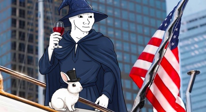 An illustration depicting the Wojak 'Wizard' character in a blue wizard robe and hat holding a wine glass, standing next to a small white rabbit wearing a black top hat, with an American flag in the background.