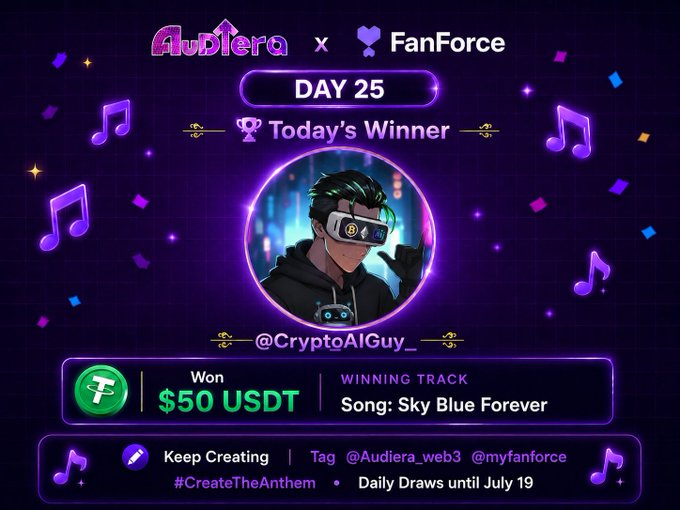 A neon-styled promotional graphic for 'Audiera x FanForce Day 25' announcing @CryptoAIGuy_ as today's winner of $50 USDT with the winning track 'Song: Sky Blue Forever'.