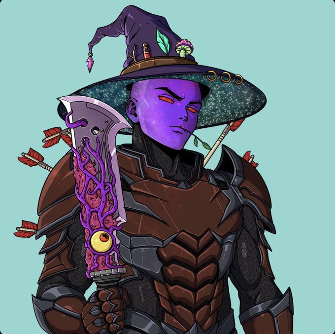 A digital illustration of a purple-skinned character wearing a witch's hat adorned with bottles and feathers, holding a purple and pink ornate weapon, with arrows sticking out of their back.