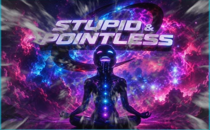 A colorful cosmic image with a meditating silhouette figure and the text "STUPID & POINTLESS" in bold letters against purple and pink nebula clouds.