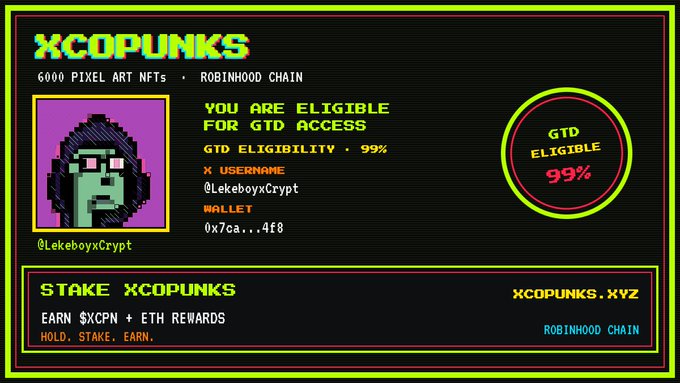 An XCOPUNKS NFT project promo showing 6000 pixel art NFTs on Robinhood Chain, with 99% GTD eligibility for user @LekeboyxCrypt (wallet 0x7ca...4f8), encouraging users to HOLD, STAKE, EARN.