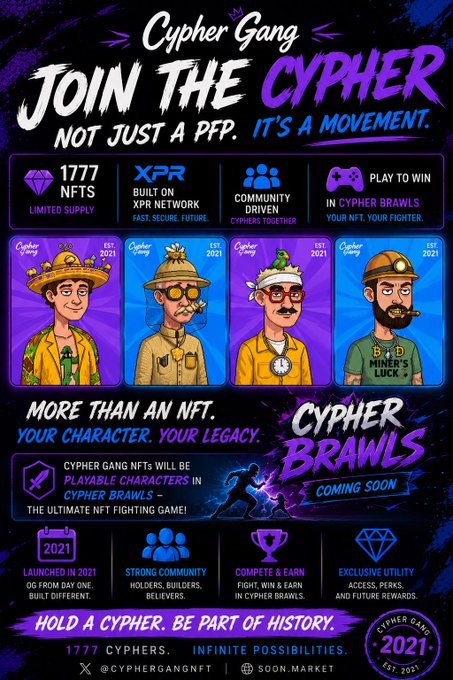 A promotional infographic for 'Cypher Gang' NFT collection, featuring '1777 NFTS' with the tagline 'JOIN THE CYPHER - NOT JUST A PFP. IT'S A MOVEMENT.' and showcasing four character illustrations.