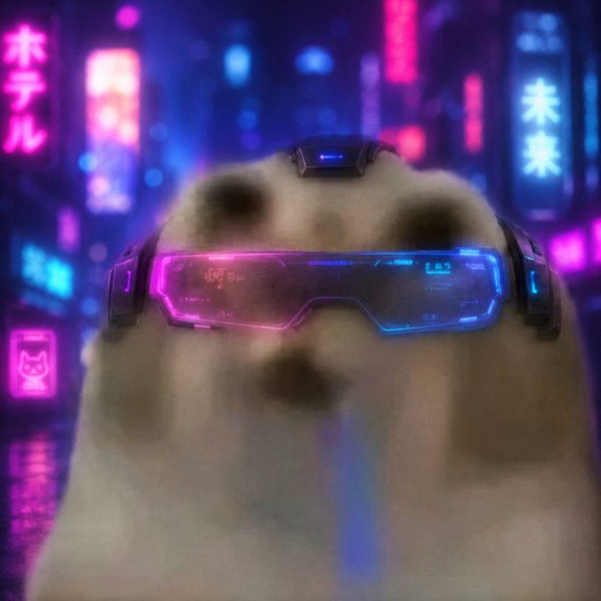 The image features a white dog wearing futuristic glasses that are tinted blue, purple, and pink. The glasses have a screen attached to them, which appears to be displaying some sort of digital content or interface. In the background, there are neon signs in various colors, including red, blue, green, and yellow. These signs create an urban atmosphere with their bright lights and vibrant hues.