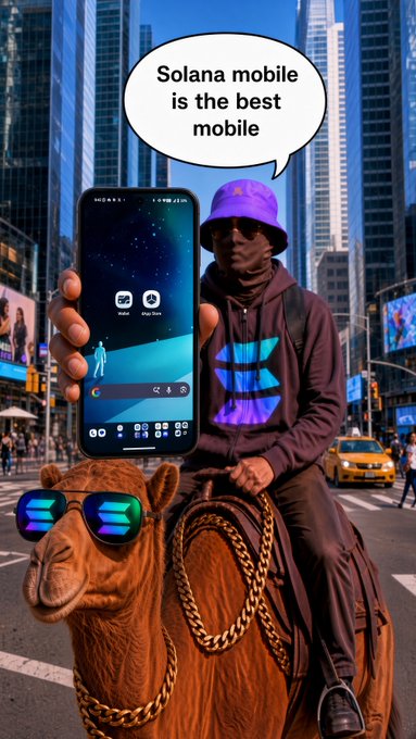 A person in a purple hoodie and bucket hat rides a camel wearing sunglasses through a city street, holding up a smartphone. A speech bubble reads 'Solana mobile is the best mobile'.