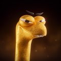 A close-up of a yellow, cartoon-style character with a skeptical expression against a dark background.