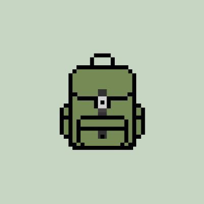 A minimalist pixel art illustration of an olive-green backpack with black straps and buckles centered on a solid light green background.