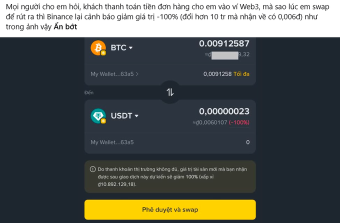 The image shows a Binance swap interface attempting to convert approximately 0.00912587 BTC to USDT, but displaying a -100% price drop warning (expecting only about 0.0060107 USDT), illustrating the post's point about fake BTC tokens on BNB Chain lacking liquidity, where the user would receive nearly nothing when trying to sell.