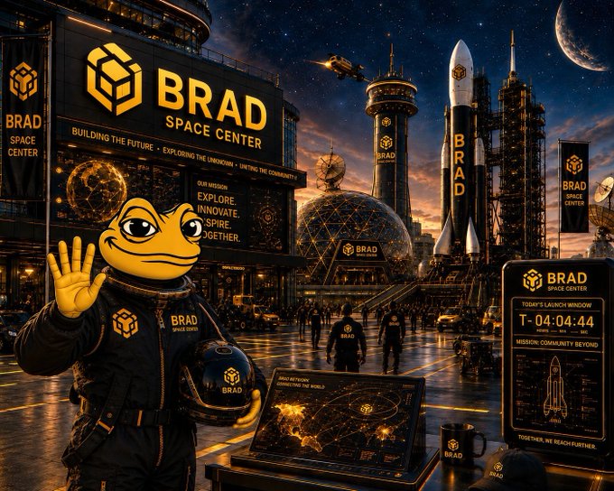 A Pepe the Frog character in a 'BRAD SPACE CENTER' branded spacesuit waving and holding a helmet, standing in front of a futuristic space facility with rockets, a launch countdown display reading 'T-04:04:44,' and the motto 'EXPLORE. INNOVATE. INSPIRE. TOGETHER.'