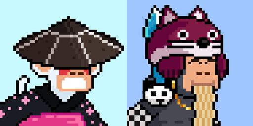 Pixel art illustration featuring two stylized characters side by side against a split pastel background—one in a dark wide-brimmed hat with red eyes, and the other wearing a purple animal-eared hood.