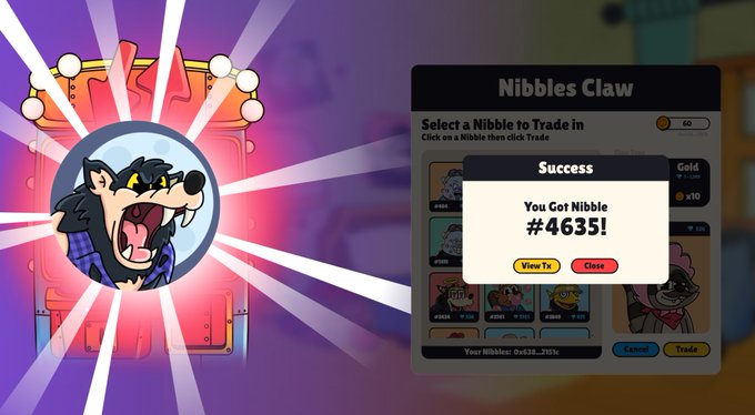 A cartoon wolf character illustration next to a 'Nibbles Claw' game interface showing a success message 'You Got Nibble #4635!'