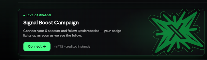 A dark promotional graphic displays a 'Signal Boost Campaign' with text 'Connect your X account and follow @axirobotics — your badge lights up as soon as we see the follow,' a green 'Connect →' button, '+1 PTS · credited instantly', and a green starburst X logo.
