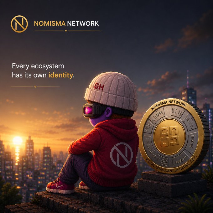 A Nomisma Network promotional image showing a 3D character in a red hoodie and beanie overlooking a sunset cityscape, with a large gold coin bearing the 'N' logo and the tagline 'Every ecosystem has its own identity.'