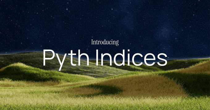The image features a large green hill with a field of grass at its base. Below this scene, there's text that reads "Introducing Pyth Indices" followed by a list of items such as "24/7 trading", "perpetuals", and "tokenized assets". The overall layout is simple and straightforward, with the main focus being on the green hill and field in the background.