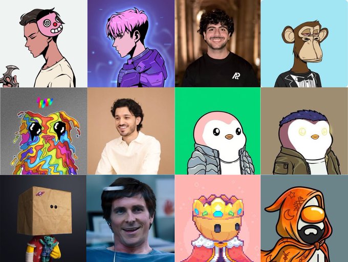 A grid of 12 avatars featuring colorful NFT-style profile pictures—including a side-profile character, a pink-haired anime-style figure, a Bored Ape, a rainbow creature, a crowned cartoon king, and a hooded character—each corresponding to the listed crypto Twitter content creators.
