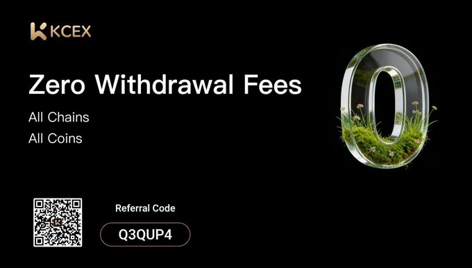 An advertisement for KCEX featuring the text "Zero Withdrawal Fees," "All Chains," "All Coins," with a referral code "Q3QUP4," a QR code, and a 3D number "0" filled with grass and flowers.