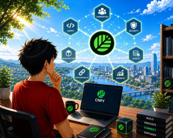 An anime-style illustration of a young man looking at a laptop displaying 'CNPY', surrounded by a network diagram of green hexagons labeled with terms like 'COMMUNITIES', 'DAPPS', 'SECURITY', and 'GROWTH'.