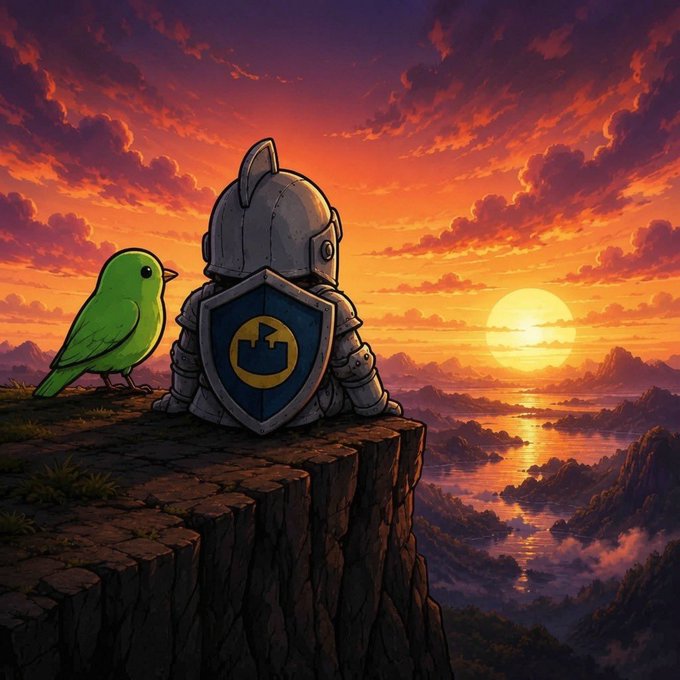 A small green bird perches beside a knight in armor sitting on a cliff edge, with the knight's shield displaying the "@" symbol against a dramatic sunset landscape. The imagery metaphorically represents the Moats app team as watchful guardians, reassuring users that while the display interface is down, their assets and points remain securely protected on the blockchain like a vigilant protector overlooking vast territory.
