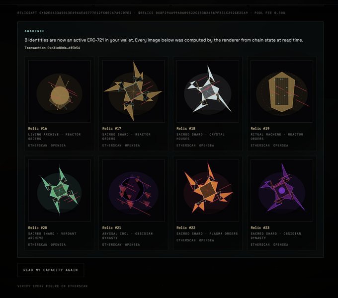 The image shows a "Relics Awakened" page displaying 8 ERC-721 NFT identities (#16-#23) rendered from on-chain state, each labeled with a unique archetype such as "Living Archive," "Sacred Shard," or "Abyssal Idol" and linked to the OpenSea collection. It directly supports the post by illustrating the new awaken mechanic for the $RELICS collection at relics.wtf/awaken, where each token is rendered as a visual relic based on its orders and dynasty.