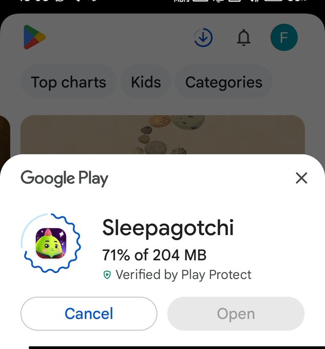 A Google Play app installation dialog box for an app called 'Sleepagotchi' (71% of 204 MB downloaded), showing options to 'Cancel' or 'Open', overlaid on the Google Play Store interface.
