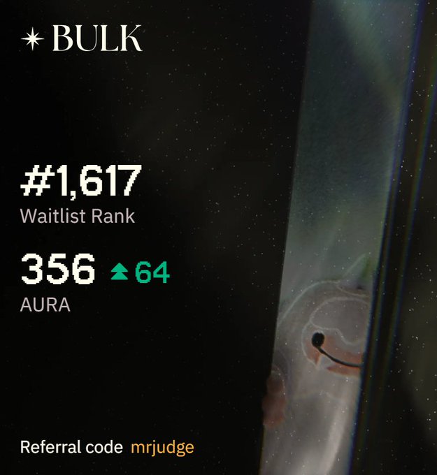 A dark-themed screenshot of a Bulk waitlist profile showing a rank of #1,617 and an AURA balance of 356 (up 64), with the referral code "mrjudge" displayed, matching the post celebrating the user's updated ranking and recent AURA point gains.