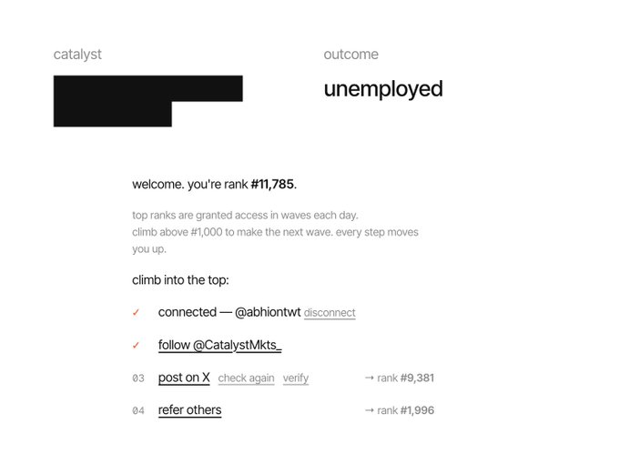 A web page from Catalyst showing the user has rank #11,785 with tasks including connecting to @abhiontwt, following @CatalystMkts, posting on X, and referring others.