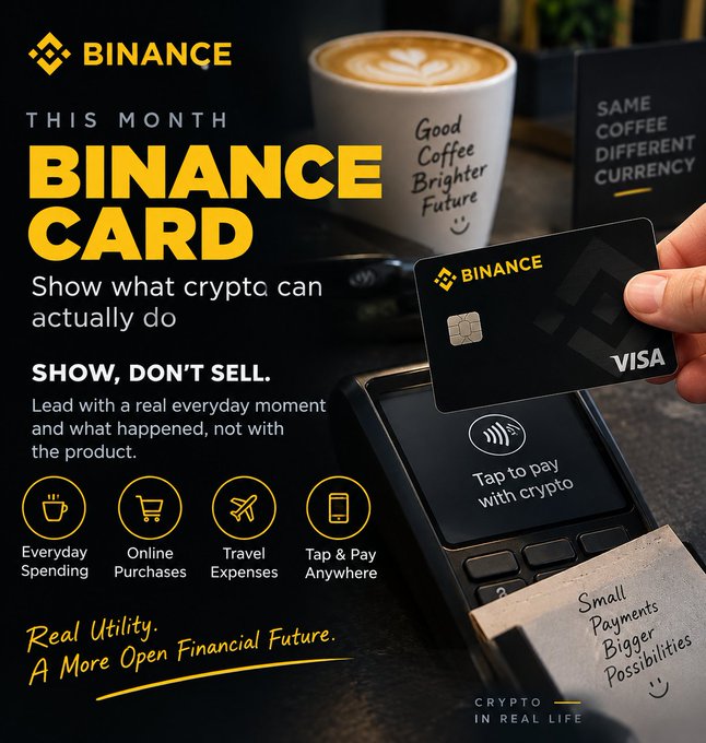 A Binance promotional image for the 'Binance Card' featuring 'THIS MONTH BINANCE CARD' text, 'SHOW, DON'T SELL' tagline, and icons for Everyday Spending, Online Purchases, Travel Expenses, and Tap & Pay Anywhere.