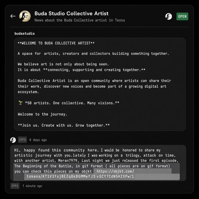 A screenshot of a Telegram channel 'Buda Studio Collective Artist' on Tezos welcomes artists and creators, featuring a post from user IPFS sharing their artistic journey and a link to artwork on objkt.com.