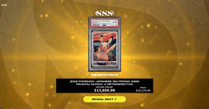 A Pokemon trading card pack reveal screen shows a 2018 Pokemon Japanese SM Promo #288 Pikachu Munch "A Retrospective" card with an "SSS" rarity rating, Deadstock Order Book market value of $13,656.96 and FMV of $15,174.40, labeled "6/9" at the top with a "REVEAL NEXT" prompt at the bottom.