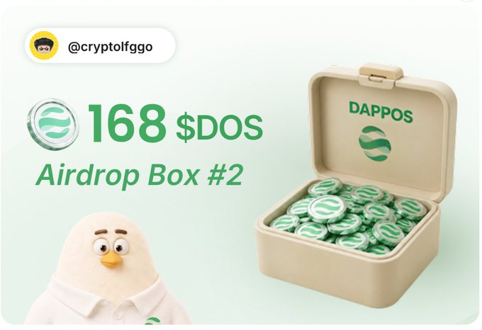 A promotional graphic for @cryptolfggo's dappOS airdrop featuring a 3D chicken mascot and an open "DAPPOS" box filled with green $DOS tokens, advertising "168 $DOS Airdrop Box #2" alongside the announcement that Box 2 is now claimable.