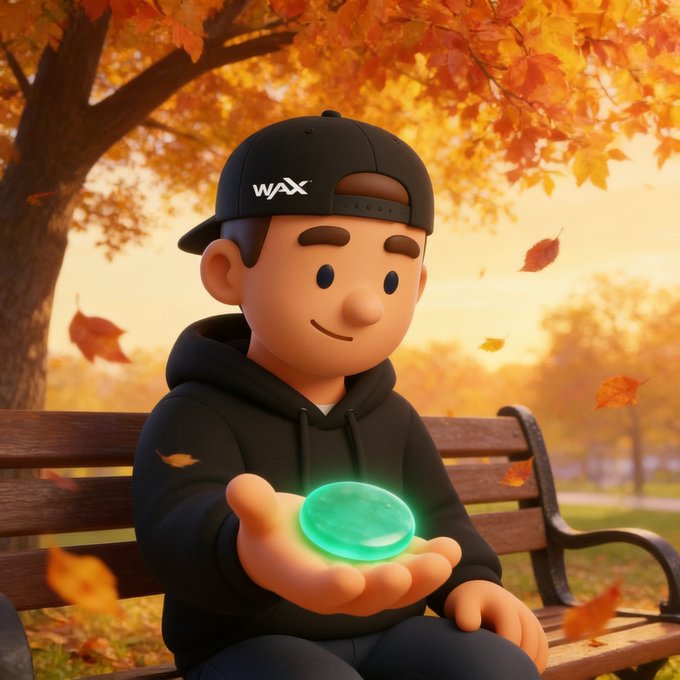 A 3D cartoon figure wearing a "WAX" cap sits on a park bench amidst falling autumn leaves, holding a glowing green WAXP token in his hand. The imagery symbolizes the closing of the quarter and the rewards earned from keeping WAXP staked, reinforcing the message that staying staked and voting throughout September paid off.