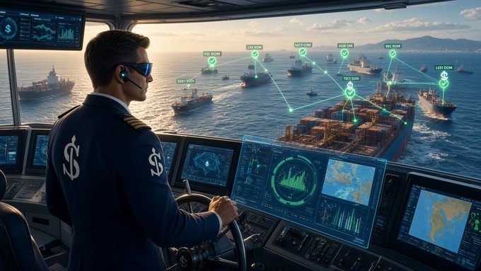 A futuristic maritime scene showing a man in a captain's uniform at the helm of a ship, with holographic navigation displays and a network of cargo ships overlaid on the ocean view.