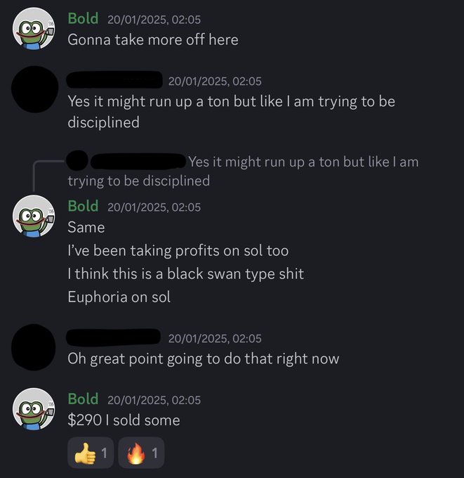 In a text message or chat, three people are discussing trading strategies for the stock market. One of them shares that they have sold some stock called "Sol" for $290. The message contains the names of the traders - one who bought the stock in the morning and another who bought it in the afternoon.