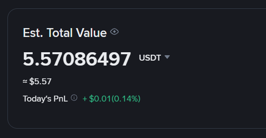 A crypto wallet dashboard displays an "Est. Total Value" of 5.57086497 USDT (≈$5.57), with "Today's PnL" showing a modest gain of +$0.01 (0.14%) in green. The image plays on the joke by revealing the painfully small balance the user was relieved to find still intact after their nightmare about hackers.