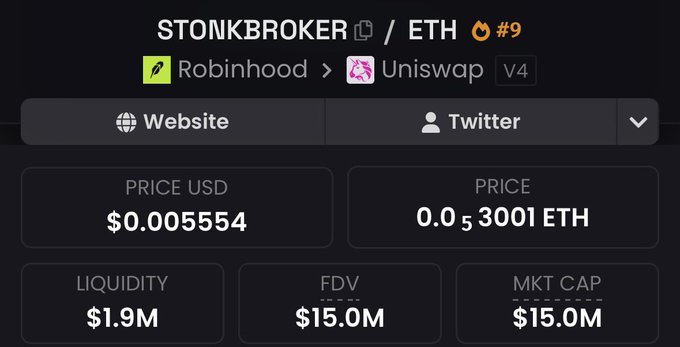 A screenshot of a crypto token tracker showing STONKBROKER (ticker #9) listed on Uniswap V4 with a price of $0.005554 (0.000053001 ETH), $1.9M liquidity, and $15.0M market cap/FDV, with the post's tagline "Be a StonkBroker" prominently featured. The post references the launch of the 4,444-supply NFT collection trading at 1.89 ETH and celebrates it as the first NFT coin on Robinhood to be listed on a CEX.