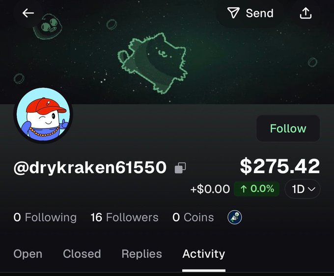 The image shows a social trading profile for @drykraken61550 with $275.42 in earnings (+$0.00, 0.0%) and 16 followers. This aligns with the post highlighting their 16 followers, $400 traded, and $275 payout, confirming the performance metrics displayed on the profile.