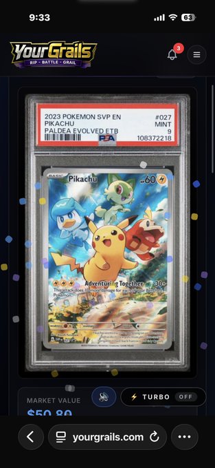 A mobile phone screenshot displays the YourGrails app showing a graded 2023 Pokemon SVP Pikachu PSA card with a market value of $50.80.