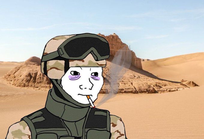 An illustration of a soldier with purple bruised eyes smoking a cigarette, wearing a camo helmet and tactical vest in a desert landscape.