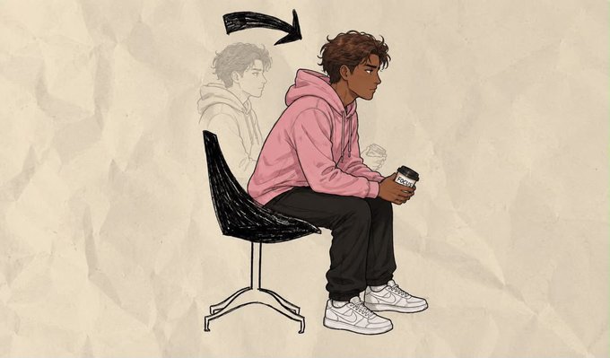 An illustration of a young man in a pink hoodie and dark pants sitting on a chair, holding a coffee cup, with an arrow pointing from a faded outline of a figure to him.