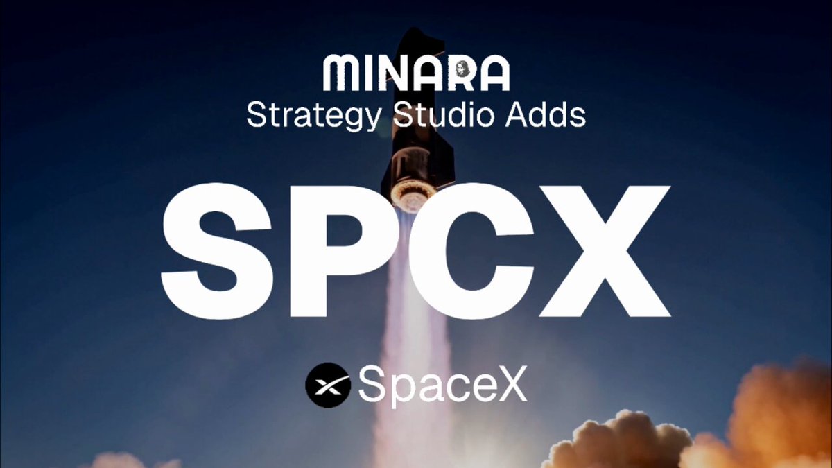This poster features an illustration of a rocket launching into space. The background is black with white text that says "SpaceX" above the rocket. Below the rocket, there are two lines of white text displaying "Strategy Studio Add". One line reads "Minara Strategy Studio adds SPCX", and another line reads "Back test, paper trade, deploy." The main focus of the image is on the rocket launch, with the accompanying text providing context for what is pictured.