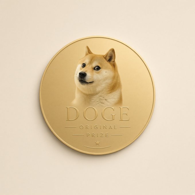 A gold-colored medal features the iconic Doge (Shiba Inu) dog portrait with the engraved text "DOGE — ORIGINAL — PRIZE —" accompanied by a small star, directly visualizing the "$DOGE" meme cryptocurrency token referenced as the dollar prize.