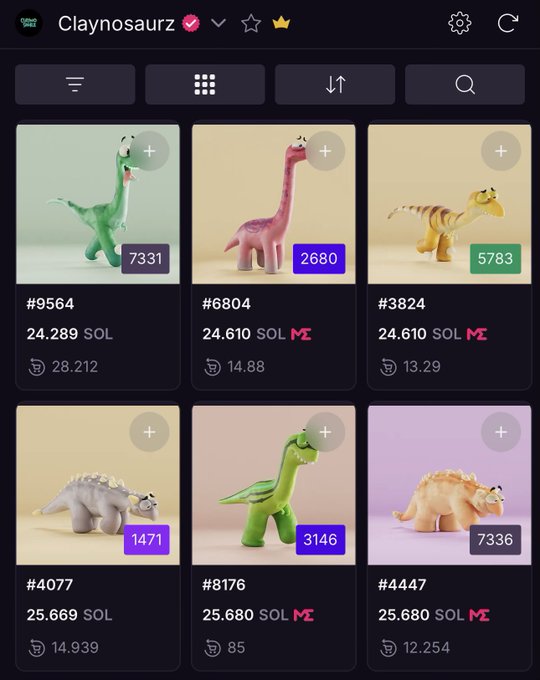 A screenshot of an NFT marketplace called 'Claynosaurz' displays six dinosaur figurines for sale with prices ranging from approximately 14.88 to 28.212 SOL, including a green T-Rex, pink dinosaur, yellow striped dinosaur, and others.