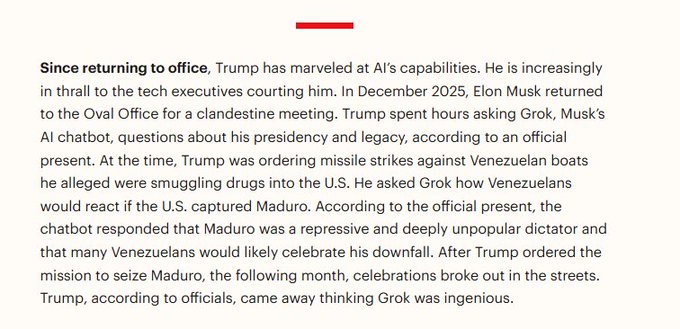 A text excerpt discussing Trump marveling at AI's capabilities, mentioning Elon Musk's clandestine visit to the Oval Office in December 2025 and Grok chatbot discussions regarding a Venezuelan military strike.