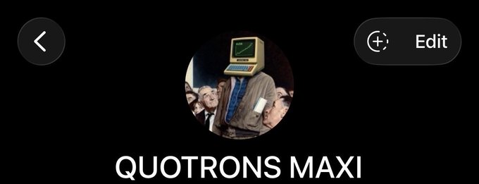 A profile screen displaying the username 'QUOTRONS MAXI' with a circular avatar showing a person with a retro computer monitor for a head, in a crowd setting.