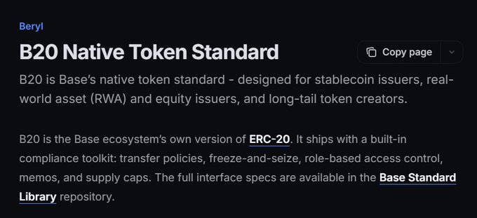 The image displays a documentation page titled "B20 Native Token Standard" on Base, describing B20 as Base's own version of ERC-20, designed for stablecoin issuers, RWA/equity issuers, and long-tail token creators, with built-in compliance features like transfer policies, freeze-and-seize, role-based access control, memos, and supply caps. This directly illustrates the social media post's announcement of the B20 token standard being introduced through the Beryl upgrade, highlighting its enhanced efficiency and compliance toolkit compared to standard ERC-20 tokens.