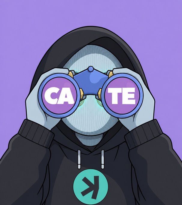 A hooded figure holds binoculars displaying "CA" and "TE" on the lenses, with a teal circle below featuring an arrow icon, visually representing the search for "CATE" winners tagged in the $1,000 giveaway post.