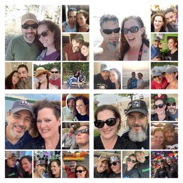 A photo collage displays numerous selfies and pictures of a smiling couple—a bearded man and a brunette woman—enjoying various outdoor activities and outings together.